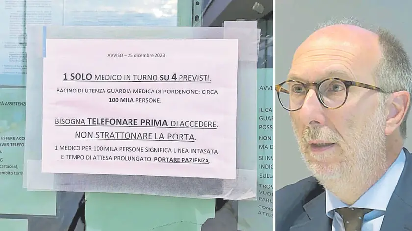 Il cartello esposto a Natale all’ingresso della guardia medica, a destra l'assessore regionale Riccardi