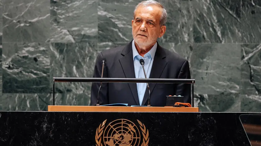epa11623023 Iranian President Masoud Pezeshkian speaks during the General Debate of the 79th session of the United Nations General Assembly at United Nations Headquarters in New York, New York, USA, 24 September 2024. The annual high-level General Debate gathers world leaders from 24 to 28 September, and 30 September under the theme, 'Leaving no one behind: acting together for the advancement of peace, sustainable development and human dignity for present and future generations'. EPA/OLGA FEDOROVA