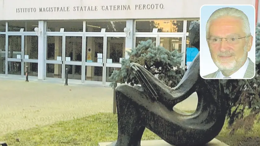 L’ingresso del liceo Percoto e, nel riquadro, Eligio Mattiussi