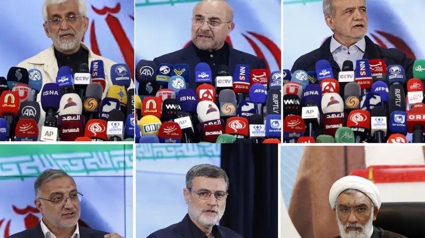 epa11399963 (FILE) - A combo picture shows six presidential candidates (top-L to R) Saeed Jalili, Mohammad Bagher Ghalibaf, Masoud Pezeshkian, and (bottom-R to L) Mostafa Pourmohammadi, Amir-Hossein Ghazizadeh Hashemi, and Alireza Zakani, in Tehran, Iran (issued 09 June 2024). Iranian guardian council on 09 June 2024 approved the six presidential candidates Mohammad Bagher Ghalibaf, Saeed Jalili, Alireza Zakani, Mostafa Pourmohammadi, Amir-Hossein Ghazizadeh Hashemi, and Masoud Pezeshkian to run in the presidential election on 28 June 2024. EPA/ABEDIN TAHERKENAREH
