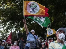 epa08494515 Supporters of HDP shout slogans against government during their march against the arrest of pro-Kurdish People's Democtaric Party HDP parliamentarians Leyla Guven and Musa Farisogullari, in Istanbul, Turkey, 18 June 2020. HDP decided to march from Edirne and Hakkari to Ankara cities for make awareness after the parliamentarians Leyla Guven and Musa Farisogullari were stripped their parliamentary seats and taken into custody on 04 June 2020. EPA/SEDAT SUNA