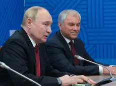 epa11472624 Russian President Vladimir Putin (L) and Russian State Duma Speaker Vyacheslav Volodin attend a meeting with Chairman of the Standing Committee of the National People's Congress Zhao Leji on the sidelines of the 10th BRICS Parliamentary Forum in St.Petersburg, Russia, 11 July 2024. BRICS is an intergovernmental association of Brazil, the Russian Federation, the Republic of India, the People's Republic of China and the Republic of South Africa. EPA/ALEXEI DANICHEV / SPUTNIK / KREMLIN POOL MANDATORY CREDIT