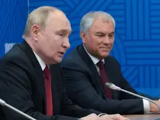 epa11472624 Russian President Vladimir Putin (L) and Russian State Duma Speaker Vyacheslav Volodin attend a meeting with Chairman of the Standing Committee of the National People's Congress Zhao Leji on the sidelines of the 10th BRICS Parliamentary Forum in St.Petersburg, Russia, 11 July 2024. BRICS is an intergovernmental association of Brazil, the Russian Federation, the Republic of India, the People's Republic of China and the Republic of South Africa. EPA/ALEXEI DANICHEV / SPUTNIK / KREMLIN POOL MANDATORY CREDIT