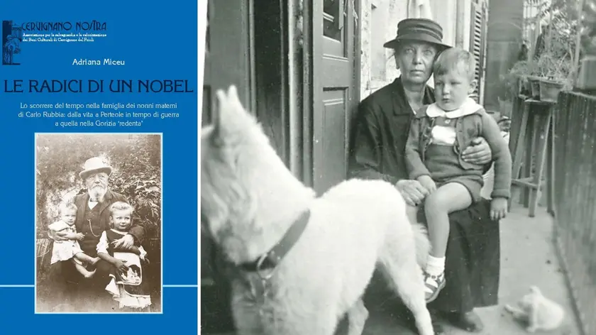Gorizia 1936: Carlo Rubbia con nonna Ina e il cane Brik e la copertina del libro