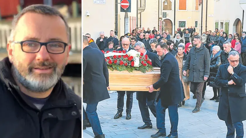Fabrizio Copetti e, a destra, l'arrivo del feretro in duomo a Venzone