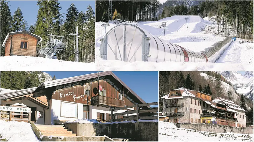 Il tappeto coperto, l’albergo chiuso da tempo e il centro fondo. La lunghezza inclinata della pista è pari a 595 metri le stazioni a valle e a monte sono situate a 1.143 e 1.252 metri di altitudin
