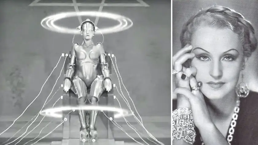 Brigitte Helm, la donna robot di Metropolis di Fritz Lang, a destra in una scena del film