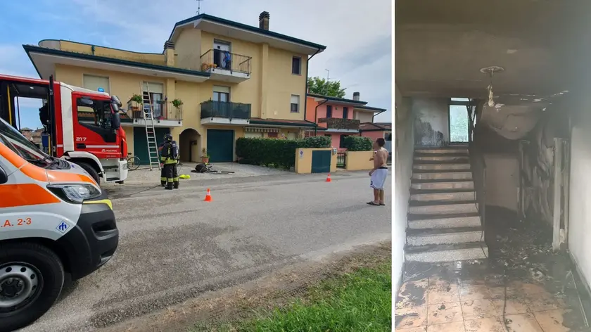 L'intervento dei vigili del fuoco a Rivignano, a destra l'area interessata dall'incendio