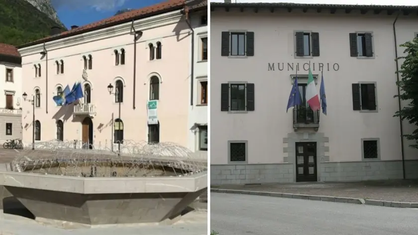 Il municipio di Tolmezzo e, a destra, quello di Pagnacco