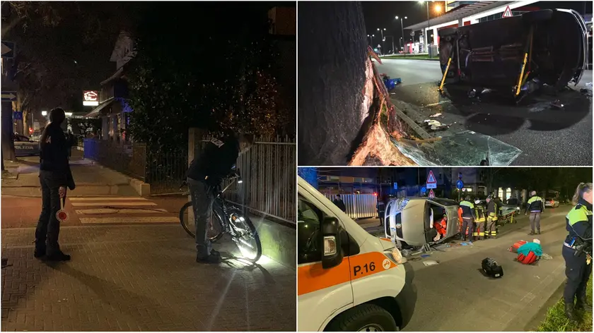 A sinistra, la squadra volante esamina la mountain bike in viale Grigoletti. Nelle altre foto di Marco Brisotto i soccorsi in via Oberdan