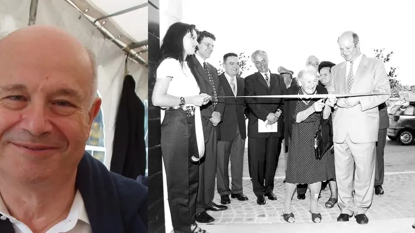 L’ex sindaco Giorgio Pozzetto e, a destra, un’immagine che lo ritrae mentre inaugura il nuovo municipio di Manzano nel 1998