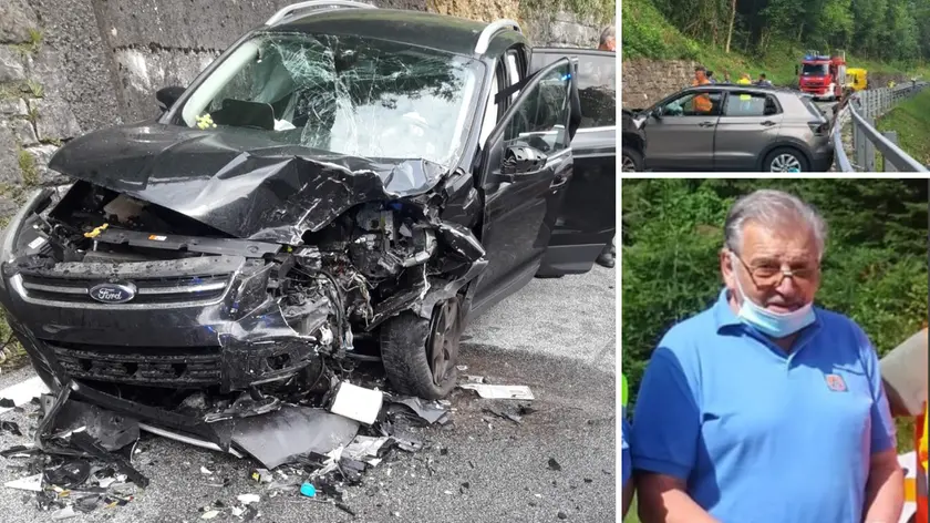 Le due auto coinvolte nell'incidente; a destra, in basso, Renzo De Nardi