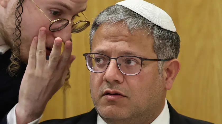 epaselect epa11387395 Itamar Ben Gvir (R), Israeli national security minister and leader of the far right wing, Otzma Yehudit political party, attends his party meeting at the Knesset, the Israeli parliament in Jerusalem, 03 June 2024, ahead of a meeting with Israeli Prime Minister Netanyahu who will updated Ben Gvir on the deal agreement published by US President Joe Biden. Ben Gvir said that if the deal includes a permanent ceasefire, his party will disband the Netanyahu coalition. EPA/ABIR SULTAN