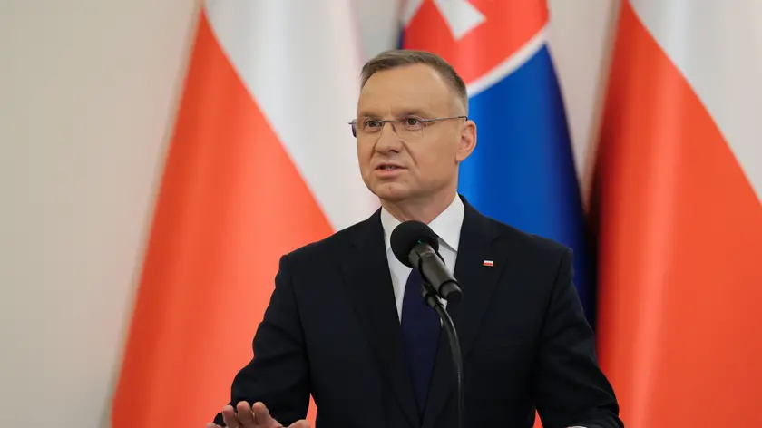 epa11281537 President of the Republic of Poland Andrzej Duda speaks during a joint press conference after his meeting with Slovak President Zuzana Caputova, at the Presidential Palace in Warsaw, Poland, 16 April 2024. EPA/Pawel Supernak POLAND OUT
