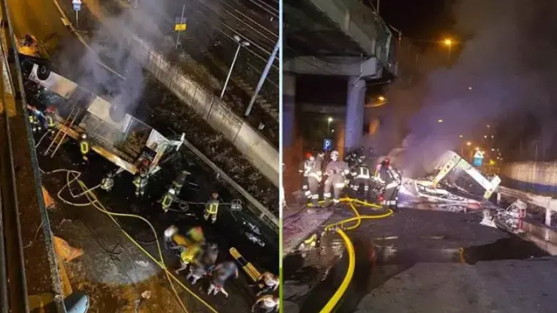 Due immagini dell'autobus caduto da un cavalcavia a Mestre e l'intervento dei soccorritori