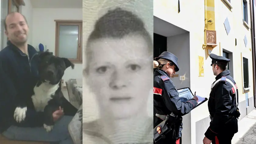 A sinistra la vittima, Stefano Iurigh al centro la donna accusata dell'omicidio, Silvia Comello e a destra i carabinieri davanti alla casa di Bicinicco