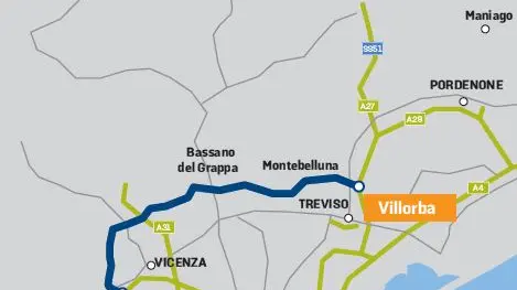 Il gap del Friuli nei collegamenti con le autostrade: in blu la Pedemontana veneta