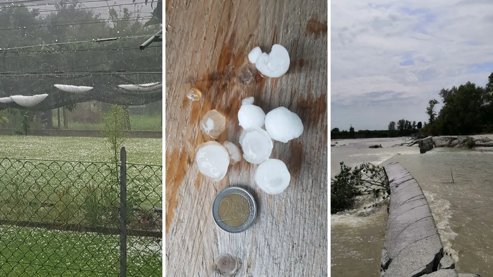 Le prime due immagini si riferiscono alla forte grandinata che si è abbattuta a Sacile. L'ultima, a destra, è stata scattata a Viscone dove si è rotta una briglia sul torrente Torre