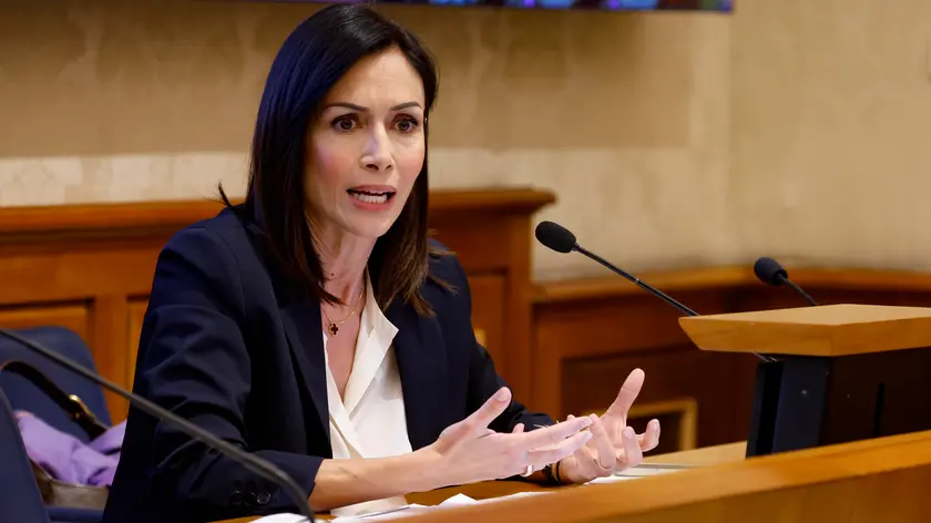 Mara Carfagna durante la conferenza stampa di presentazione delle proposte di Azione sulla riforma costituzionale, Roma, 06 febbraio 2023. ANSA/FABIO FRUSTACI