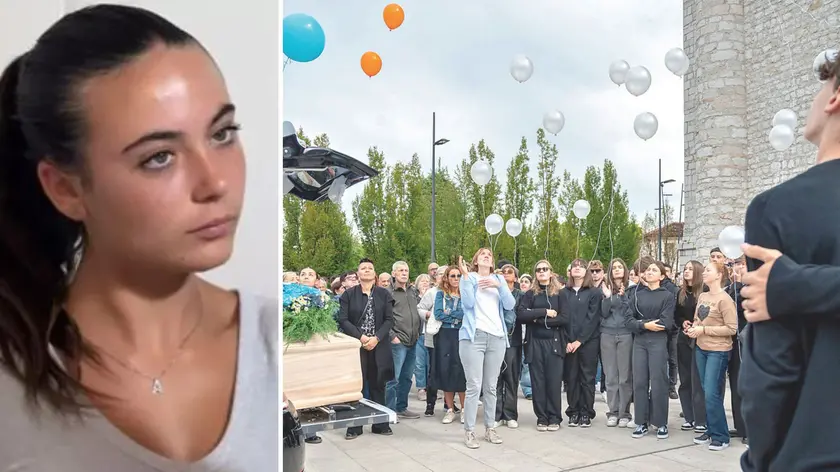 Un primo piano di Alessandra Freschet e i palloncini lanciati durante il suo funerale