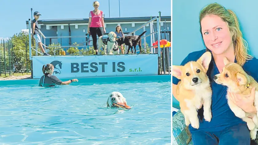 La piscina esterna della clinica e Chiara Adorini con due cagnolini