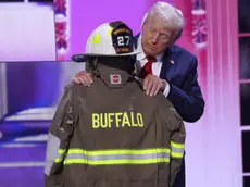 epa11486673 Republican presidential nominee Donald Trump honors slain Buffalo Township Fire Chief Corey Comperatore, the retired firefighter killed in the assassination attempt, on the fourth day of the Republican National Convention (RNC) at Fiserv Forum in Milwaukee, Wisconsin, USA, 18 July 2024. The convention comes days after a 20-year-old Pennsylvania man attempted to assassinate former president and current Republican presidential nominee Donald Trump. The 2024 Republican National Convention is being held 15 to 18 July 2024 in which delegates of the United States' Republican Party select the party's nominees for president and vice president in the 2024 United States presidential election. EPA/JUSTIN LANE