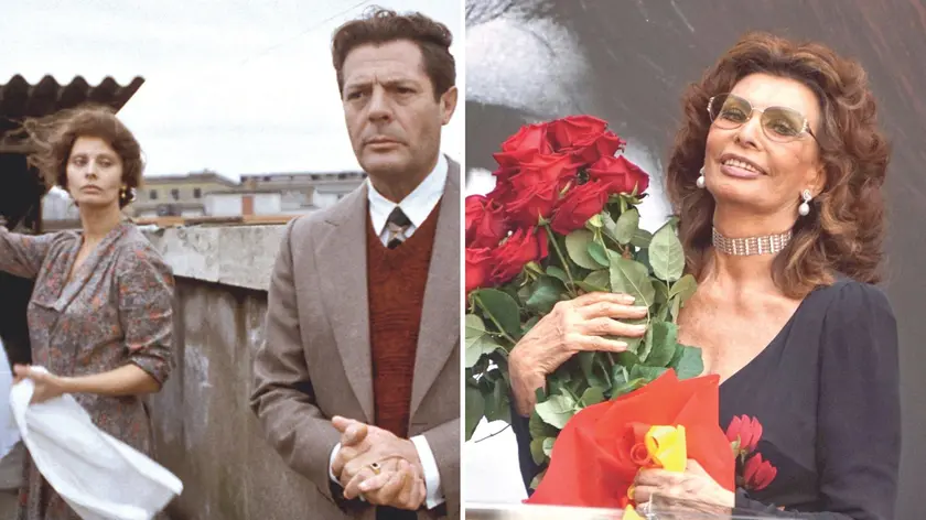 Sophia Loren in una scena di "Una giornata particolare", con Marcello Mastroianni. A destra in una premiazione