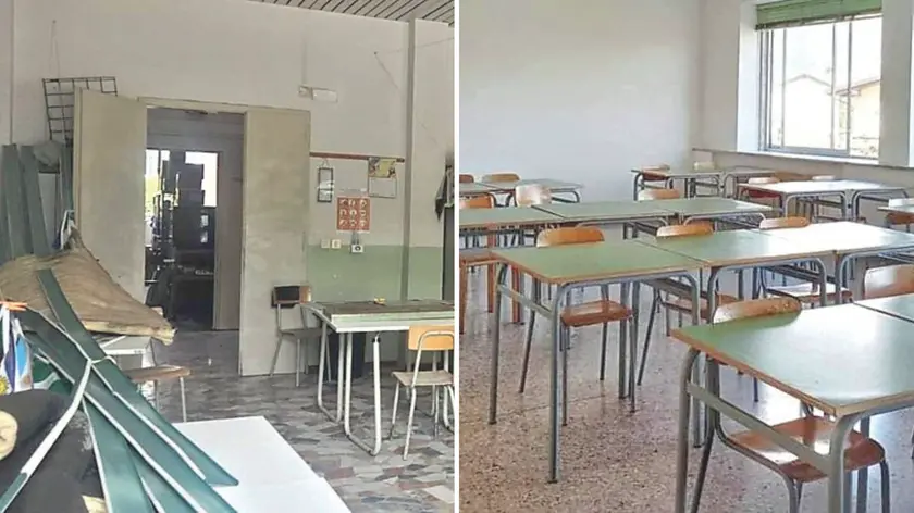 Le aule delle scuole medie danneggiate dalla grandinata e dopo i lavori di sistemazione