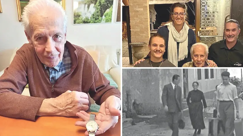 Luciano mostra l’orologio dello zio Vincenzo Chiaranda. In alto a destra Luciano con i figli e con, seduto a sinistra, Horacio Ritter e in basso a destra Vincenzo Chiaranda a Grizzo, nel 1946, per salutare la famiglia prima di partire per il Sud America