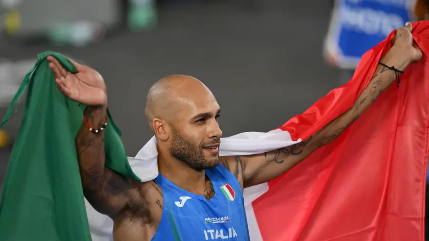 Marcel Jacobs of Italy celebrates after winning at 100m Men Final during the European Athletics Championship at Olimpico Stadium in Rome, Italy, 08 June 2024. ANSA/GRILLOTTI-VANNICELLI