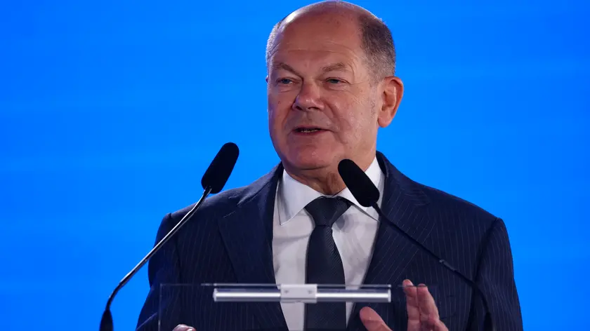 epa11613478 German Chancellor Olaf Scholz speaks as he attends the MoReTec-1 foundation stone-laying ceremony at LyondellBasell's chemical recycling plant in Wesseling-Knapsack, Germany, 19 September 2024. LyondellBasell is a leading company in the global chemical industry that develops solutions for sustainable living in everyday life. EPA/CHRISTOPHER NEUNDORF