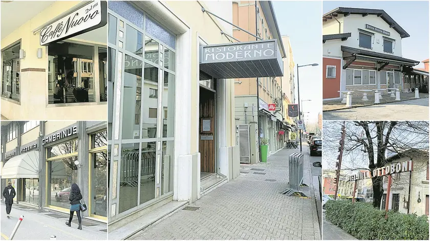 A sinistra, il Caffè Nuovo e Gambrinus, al centro il Ristorante Moderno, a destra l’Antica osteria Dogana e l’ingresso a Villa Ottoboni. Tutti pezzi di storia pordenonese con le serrande abbassate (foto Ambrosio/Petrussi)