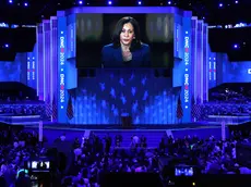 epa11560514 Democratic presidential candidate Kamala Harris is seen on a monitor ahead of the final night of the Democratic National Convention (DNC) at the United Center in Chicago, Illinois, USA, 22 August 2024. The 2024 Democratic National Convention is being held 19 to 22 August 2024 in which delegates of the United States' Democratic Party approved the party's platform and ceremonially voted for the party's nominees for president and vice president, Vice President Kamala Harris and Governor Tim Walz of Minnesota, for the upcoming presidential election. EPA/MICHAEL REYNOLDS