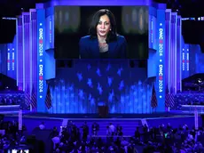 epa11560514 Democratic presidential candidate Kamala Harris is seen on a monitor ahead of the final night of the Democratic National Convention (DNC) at the United Center in Chicago, Illinois, USA, 22 August 2024. The 2024 Democratic National Convention is being held 19 to 22 August 2024 in which delegates of the United States' Democratic Party approved the party's platform and ceremonially voted for the party's nominees for president and vice president, Vice President Kamala Harris and Governor Tim Walz of Minnesota, for the upcoming presidential election. EPA/MICHAEL REYNOLDS