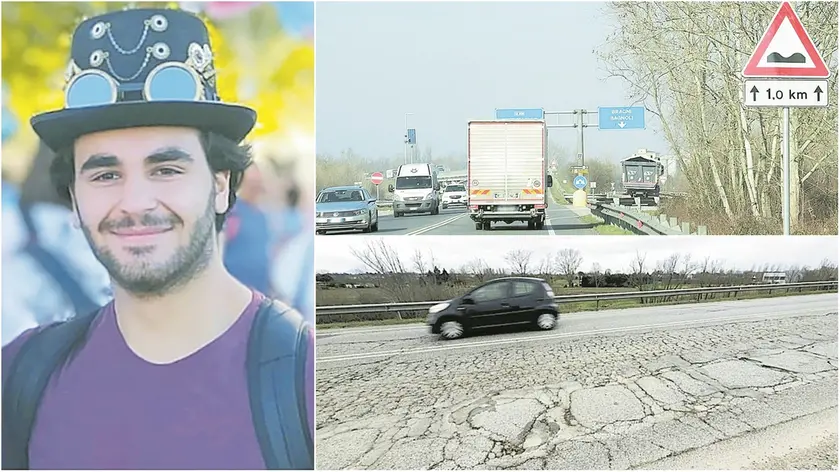 Il ragazzo vittima dell'incidente e, a destra, il segnale di “strada dissestata” comparso nel Padovano, lungo la regionale 308, tra Campodarsego e Cadoneghe. In basso un tratto della stessa strada