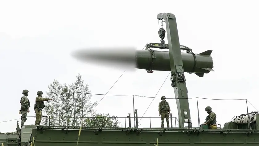 epa11407645 A still image taken from a handout video made available by the Russian Defence Ministry press-service shows Russian servicemen operating a non-strategic nuclear missile for Iskander operational-tactical missile system during the second stage of tactical nuclear drills of Russian and Belarus armed forces at an undisclosed location, 13 June 2024. In accordance with the decision of the President of the Russian Federation, the second stage of the exercise of non-strategic nuclear forces has begun. The exercises are aimed at maintaining the readiness of personnel and equipment of units for the combat use of non-strategic nuclear weapons of Russia and Belarus, the Russian Ministry of Defense said. EPA/RUSSIAN DEFENCE MINISTRY PRESS S HANDOUT Eds note: tip of missile blurred at source HANDOUT EDITORIAL USE ONLY/NO SALES HANDOUT EDITORIAL USE ONLY/NO SALES