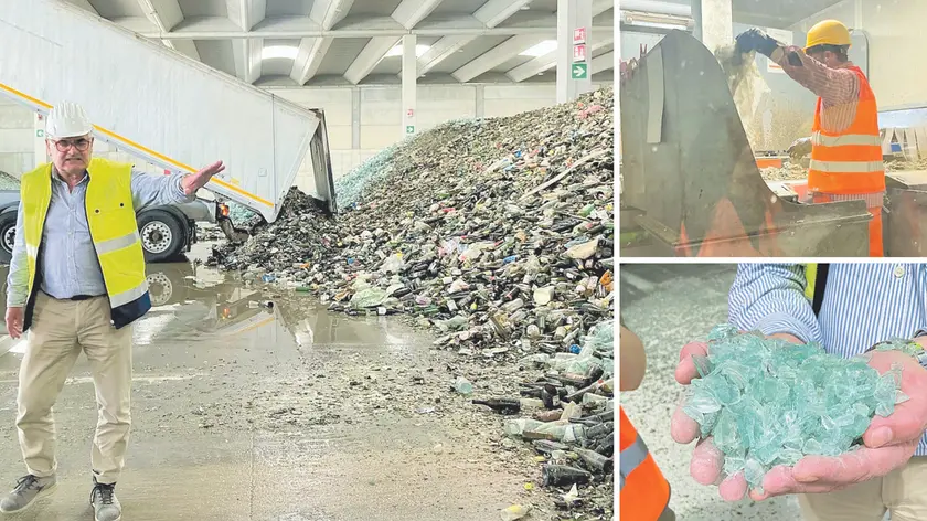 Tre momenti della visita allo stabilimento Julia Vitrum Recycling di San Vito al Tagliamento, il più moderno nel suo genere realizzato in Europa: nella foto grande il direttore di stabilimento l’ingegner Dario Lorenzon accanto a un camion che ha appena scaricato il cosiddetto “rottame” di vetro; in alto a destra l’unica operazione manuale che si fa dentro lo stabilimento, in basso a destra il prodotto finito, vetro pronto al riutilizzo