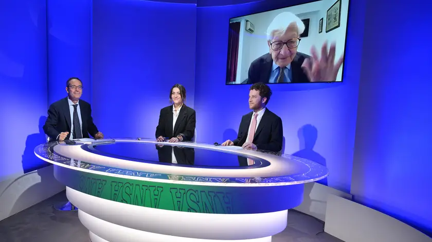 Raniero La Valle (Lista Santoro-Pace Terra' e Dignita') con il direttore Luigi Contu e i giornalisti Luca Ferrero e Giulia Marrazzo durante un forum all'ANSA, Roma, 05 giugno 2024. ANSA/ETTORE FERRARI