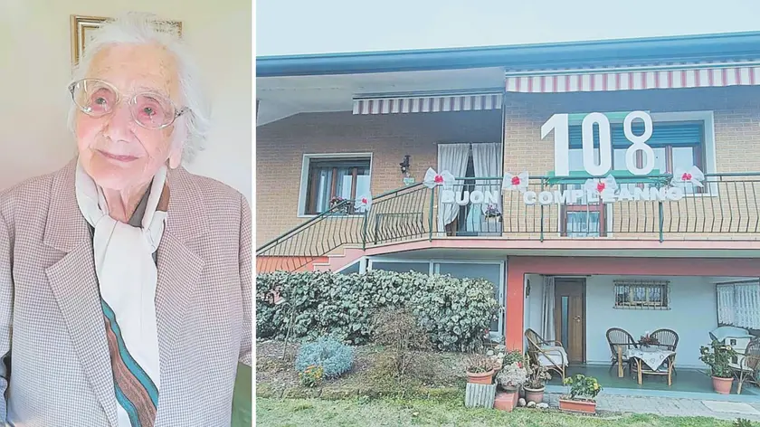 Veneranda Crosato e, a destra, la villetta del figlio Giovanni addobbata per l'occasione