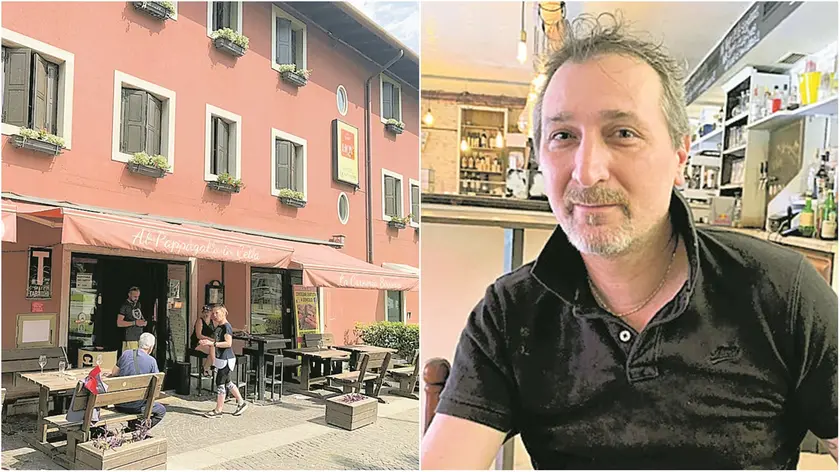 L’ingresso dell’osteria Al Pappagallo, in piazzale Cella, e Massimiliano Perna