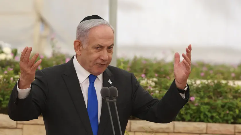 epa11420062 Israeli Prime Minister Benjamin Netanyahu attends the state memorial ceremony for the victims of the 1948 'Altalena Affair', at the Nahalat Yitzhak Cemetery in Tel Aviv, Israel, 18 June 2024. The weapons-laden cargo ship Altalena was involved in violent confrontations that erupted in June 1948 between the newly created Israel Defense Forces and the Irgun, a Jewish paramilitary group, during the process of absorbing all military organizations into the IDF following Israel’s declaration of independence a month earlier. At least 16 people were killed in the confrontations. EPA/Shaul Golan / Yedioth Ahronoth POOL
