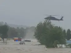 epa11606111 A handout photo made available by the Press Office of the Austrian Ministry of Defence shows a Black Hawk S-70 from the Austrian Armed Forces (Bundesheer) flying over flooding on the B19 near Markersdorf, in the Austrian state of Lower Austria, 15 September 2024. According to the Austrian Ministry of Defence, two people have been rescued in the operation. Austrian Chancellor Karl Nehammer stated on 15 September that the 'situation remains serious', especially in Lower Austria, as thousands of rescuers are fighting across federal states after rainfall caused flooding and chaos in Austria. EPA/AUSTRIAN MINISTRY OF DEFENCE HANDOUT -- MANDATORY CREDIT -- BEST QUALITY AVAILABLE -- HANDOUT EDITORIAL USE ONLY/NO SALES