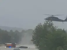 epa11606111 A handout photo made available by the Press Office of the Austrian Ministry of Defence shows a Black Hawk S-70 from the Austrian Armed Forces (Bundesheer) flying over flooding on the B19 near Markersdorf, in the Austrian state of Lower Austria, 15 September 2024. According to the Austrian Ministry of Defence, two people have been rescued in the operation. Austrian Chancellor Karl Nehammer stated on 15 September that the 'situation remains serious', especially in Lower Austria, as thousands of rescuers are fighting across federal states after rainfall caused flooding and chaos in Austria. EPA/AUSTRIAN MINISTRY OF DEFENCE HANDOUT -- MANDATORY CREDIT -- BEST QUALITY AVAILABLE -- HANDOUT EDITORIAL USE ONLY/NO SALES