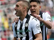 Udinese's Gerard Deulofeu (L) jubilates with his teammate Nahuel Molina after scoring the goal during the Italian Serie A soccer match Udinese Calcio vs Empoli FC at the Friuli - Dacia Arena stadium in Udine, Italy, 16 April 2022. ANSA/GABRIELE MENIS