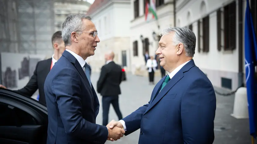 epa11405218 A handout photo made available by the Hungarian PM's Press Office shows Hungarian Prime Minister Viktor Orban (R) receiving NATO Secretary General Jens Stoltenberg (L) at the government headquarters in Budapest, Hungary, 12 June 2024. EPA/Zoltan Fischer/ HUNGARIAN PM’S PRESS OFFICE HANDOUT HANDOUT EDITORIAL USE ONLY/NO SALES HANDOUT EDITORIAL USE ONLY/NO SALES
