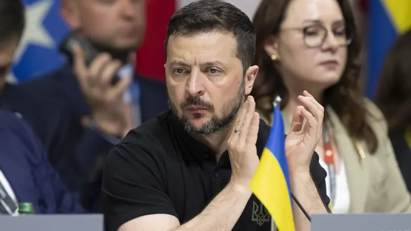 epa11414911 Ukrainian President Volodymyr Zelensky attends the plenary session during the Summit on peace in Ukraine in Stansstad near Lucerne, Switzerland, 16 June 2024. International heads of state gather on 15 and 16 June at the Buergenstock Resort in central Switzerland for the two-day Summit on Peace in Ukraine. EPA/URS FLUEELER / POOL EDITORIAL USE ONLY
