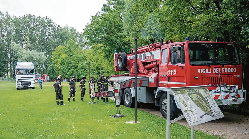 L’intervento dei vigili del fuoco per il tir impantanato al parco San Valentino (Foto Brisotto/Petrussi)