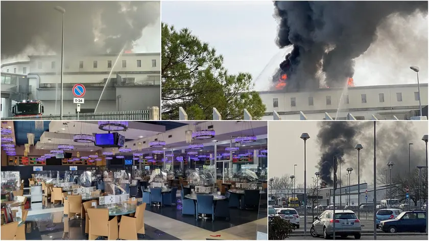 Alcune immagini dell'incendio che ha interessato il tetto della sala Bingo (foto Missinato)