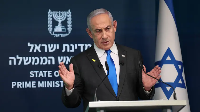 epa11584955 Israeli Prime Minister Benjamin Netanyahu during a press conference for the international media at the Government Press office in Jerusalem, 04 September 2024. The Israeli Prime Minister said that in order prevent Hamas from rearming , Israel 'must have control' over Philadelphi Corridor, a narrow strip of land along the border between the Gaza Strip and Egypt. EPA/ABIR SULTAN EPA POOL