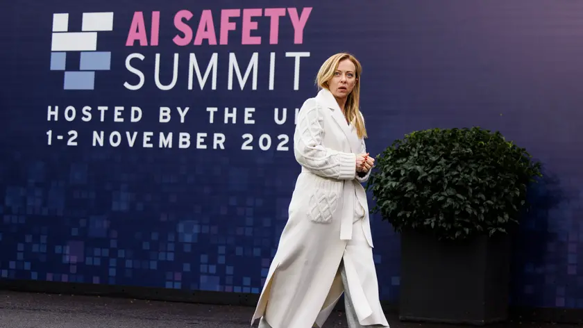epa10954451 Italian Prime Minister Giorgia Meloni arrives at the AI Safety Summit at Bletchley Park, Milton Keynes, Britain, 02 November 2023. The summit, organised by the UK Government, considers the risks of AI and how they can be mitigated through internationally coordinated action, and is running from 01 to 02 November 2023. EPA/TOLGA AKMEN / POOL